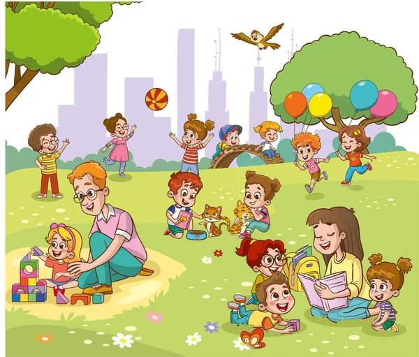 Vektorillustration Einer Glücklichen Familien Kinder Spielen Park — Stockvektor