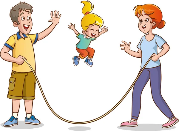 Ευτυχισμένη Οικογένεια Και Χαριτωμένο Παιδί Άλμα Σχοινί — Διανυσματικό Αρχείο