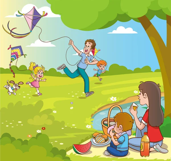 Familie Spielt Park Mit Luftballons — Stockvektor