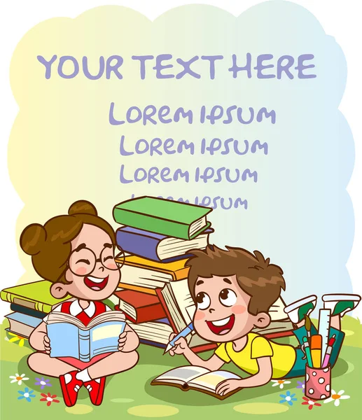 Les Enfants Heureux Lisent Livre Étudient Ensemble Les Enfants Heureux — Image vectorielle