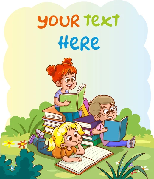 Glada Barn Läser Bok Och Studerar Tillsammans Glada Barn Studerar — Stock vektor