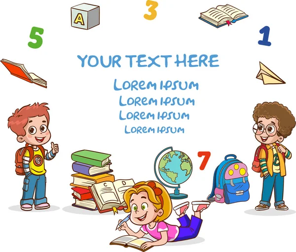Gelukkige Kinderen Samen Lezen Boek Studeeren Gelukkige Kinderen Studeren Leren — Stockvector