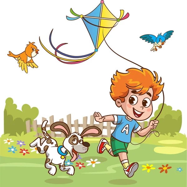 自然の中で彼の友人と遊んでいる小さな子供たちは 幸せに感じる Kids飛行キット Play時間 — ストックベクタ
