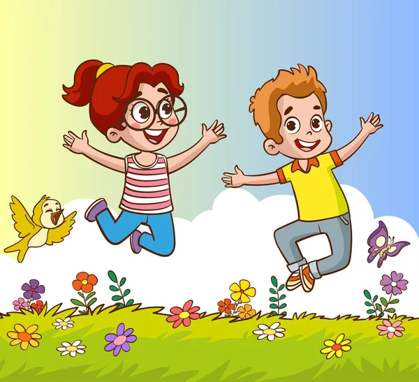 Μικρά Παιδιά Παίζουν Φίλο Του Στη Φύση Και Αισθάνονται Ευτυχισμένα — Διανυσματικό Αρχείο