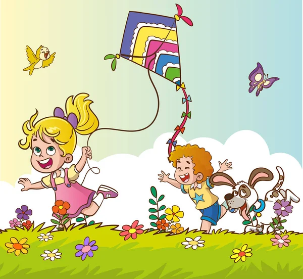 草の上にカイトを飛ぶ幸せな子供たちのベクターイラスト — ストックベクタ