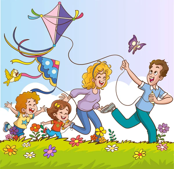 Μια Διανυσματική Απεικόνιση Μιας Ευτυχισμένης Οικογένειας Παιδιά Που Διασκεδάζουν Kite — Διανυσματικό Αρχείο