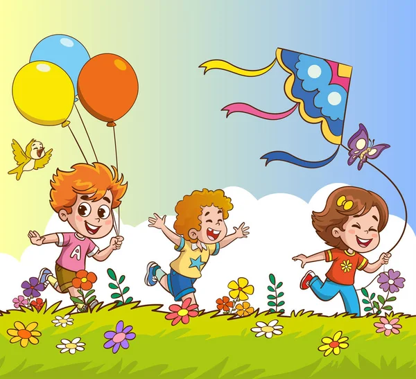 Vector Illustrations Happy Kids Flying Kite Grass — Stock Vector