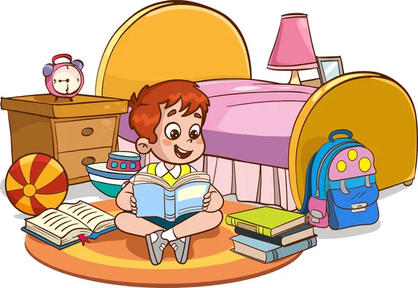 Ilustrações Vetoriais Desenhos Animados Crianças Bonitos Lendo Livro Seu Quarto — Vetor de Stock