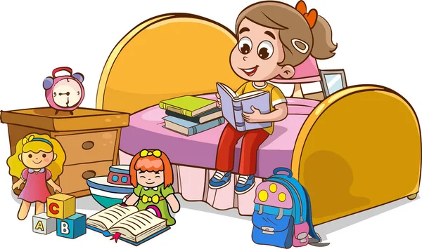 彼の部屋で本を読んでいる漫画かわいい子供のベクターイラスト — ストックベクタ