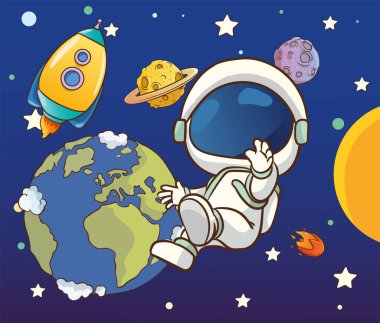 Dış uzayda sevimli bir astronotun vektör çizimi ve arka planda gezegenler ve yıldızlar.