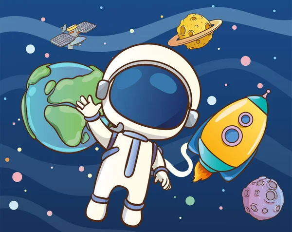 Illustration Vectorielle Astronaute Mignon Dans Espace Des Planètes Étoiles Arrière — Image vectorielle