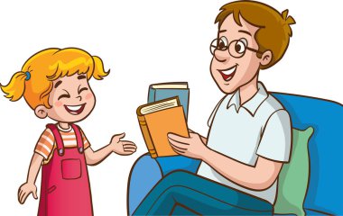 Baba ve çocukların konuşmalarının vektör çizimi. Sevimli çocuklar babasına sorular soruyorlar.