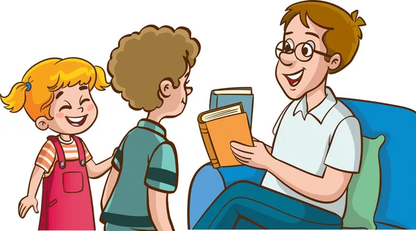 Vektor Illustration Von Vater Und Kindern Talking Cute Kinder Fragen — Stockvektor