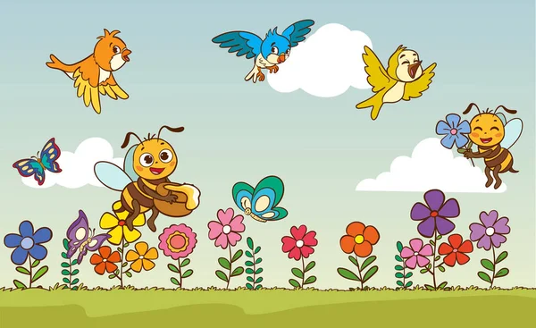 Χαριτωμένο Χαρούμενο Πουλί Μέλισσα Buterfly Πεταλούδα Μέλισσα Και Πουλιά Στο — Διανυσματικό Αρχείο