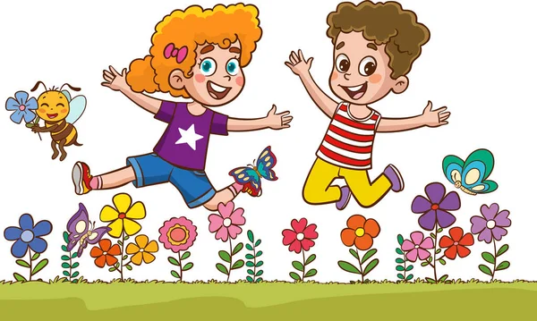 Little Kids Playing His Friend Nature Feeling Happy Joyful Little — Stock Vector