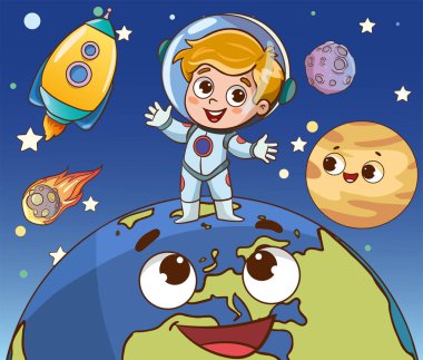 Alan fethi. Alanı öğeleri. Dünya gezegeni, Güneş ve galaksi, uzay gemisi ve yıldız, ay ve küçük çocuklar astronot, vektör çizim.