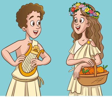 Greek woman and man with harp and basket of fruits. Vector illustration clipart