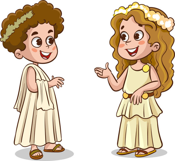Cute little girl and boy in the ancient Greek costume. Vector illustration