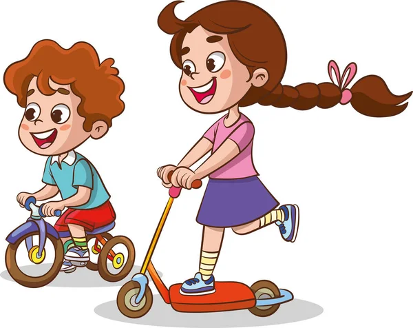 Mutlu Çocuklar Scooter Kullanıyor — Stok Vektör