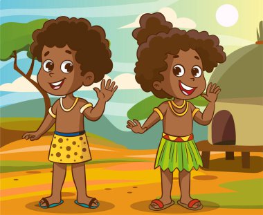 Geleneksel afro-amerikan kıyafetleri giymiş bir kız ve oğlanın vektör çizimi. Hoş Afrikalı kız ve oğlan. Vektör illüstrasyonu beyaz arkaplanda izole edildi.