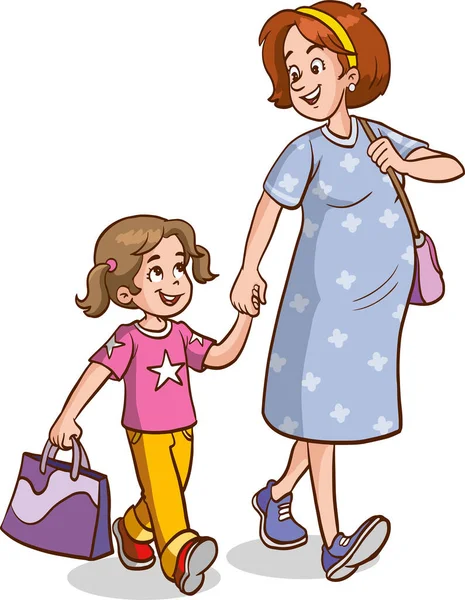 Μητέρα Και Κοριτσάκι Περπατούν Χέρι Χέρι Κρατώντας Χέρια Μητέρα Οδηγεί — Διανυσματικό Αρχείο