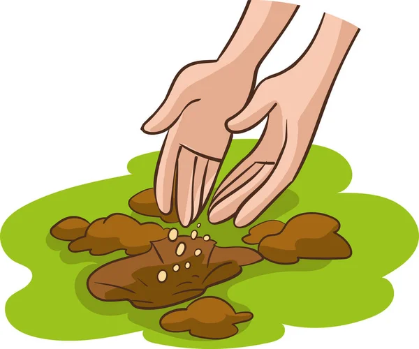 植物の種を投げる人間の手 ガーデニングと播種の概念 ベクトル分離された漫画イラスト — ストックベクタ