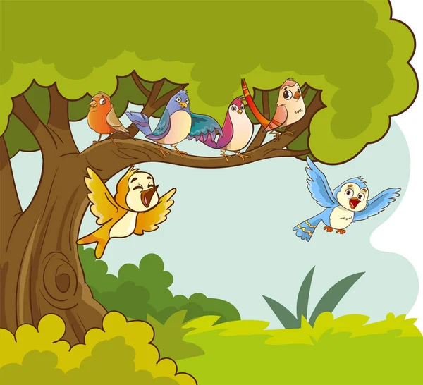 Ilustrație Vectorială Păsărilor Colorate Așezate Copaci Frumoși — Vector de stoc