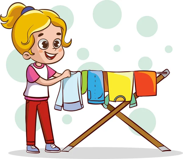 Cute Kids Doing Housework Chores Girl Hanging Wet Clothes Out — Stock Vector