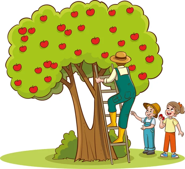 Vader Kinderen Plukken Fruit Uit Boom Vector Illustratie — Stockvector