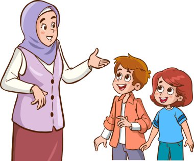 Beyaz Arkaplanda Çocuklarıyla Konuşan Müslüman Bir Kızın İllüzyonu