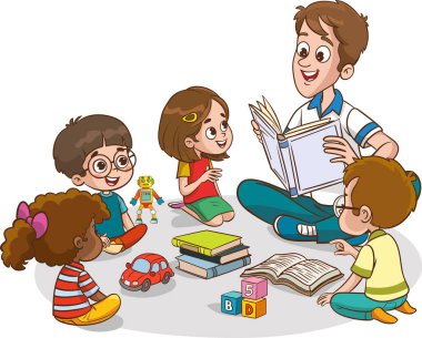 Çok ırklı çocukların ve öğretmenin yerde oturup kitap okuduğu bir resim. Okumak ve keşfetmek.