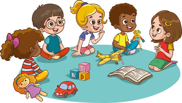 子供たちは幼稚園の部屋で教育ゲームをしています 幼稚園で話しかけている子供たち テキストの場所とポスター 子供と遊び場 — ストックベクタ