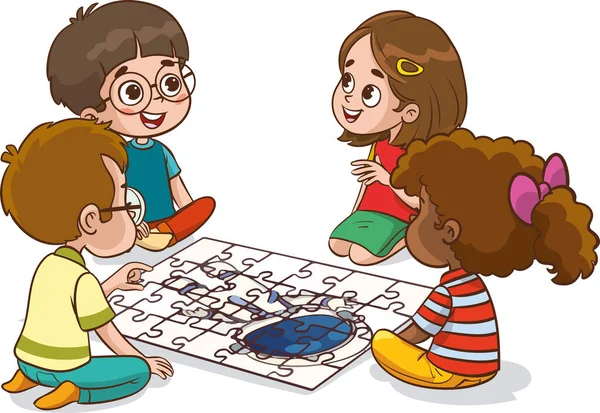 Vectorillustratie Van Kinderen Die Puzzels Spelen — Stockvector