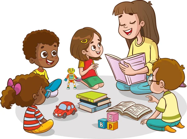 Ilustração Crianças Professores Multirraciais Sentados Chão Lendo Livro Ler Explorar —  Vetores de Stock