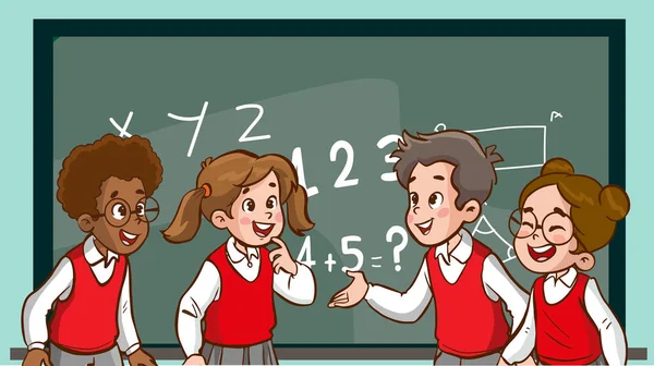 Vector Illustration Cheerful Diverse Kids School Uniform Talking — Stock Vector