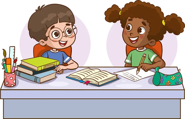 Vector Illustration Cute Little Kids Studying Together — Stock Vector