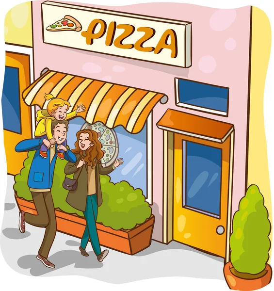 Vector Ilustración Feliz Linda Familia Salir Comer Pizza — Archivo Imágenes Vectoriales