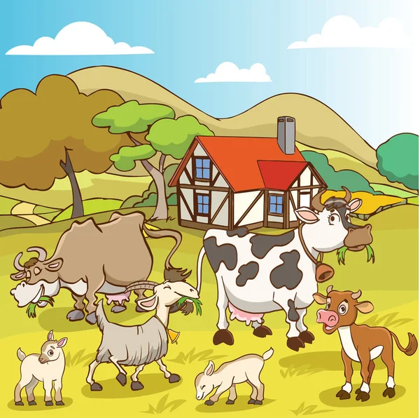 Vektorová Ilustrace Krajiny Vesnice Hospodářských Zvířat — Stockový vektor