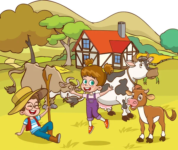 Vectorillustratie Van Landbouwhuisdieren Kinderen — Stockvector