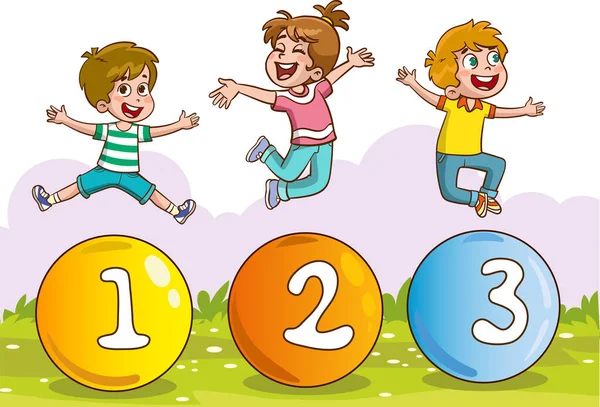 Happy Children Playing Numbers Vector Clip Art Illustration — Stock Vector