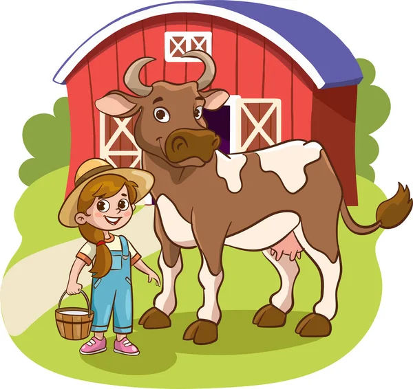Illustration Une Jolie Petite Fille Une Vache Dans Une Ferme — Image vectorielle