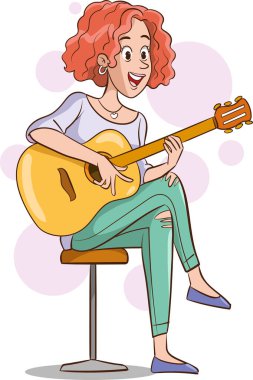 Genç güzel bir kadın gitar çalıyor. müzik performansı. Ergen portresi. Çizgi film tarzında vektör illüstrasyonu.