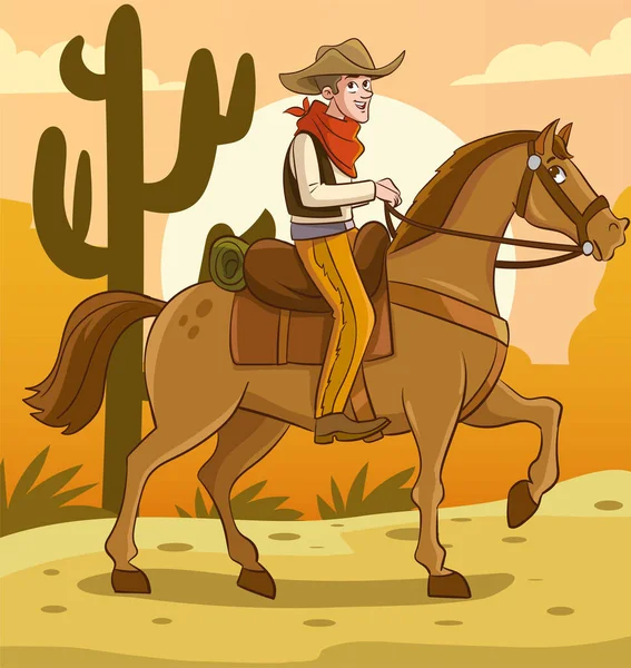 Cowboy Chevauchant Cheval Dans Désert Illustration Vectorielle Dans Style Dessin — Image vectorielle