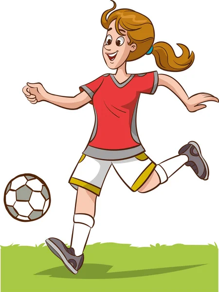 Grappig Karakter Van Vrouwelijke Football Speler Gelukkige Vrouw Die Voetbal — Stockvector