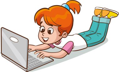 Laptop kullanan ve yerde oturan tatlı bir kız. Düz vektör illüstrasyonu