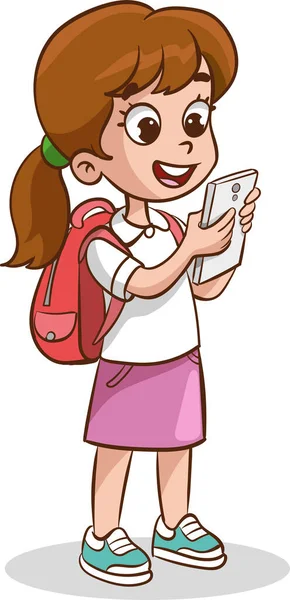 Illustration Une Petite Fille Portant Sac École Aide Téléphone Intelligent — Image vectorielle