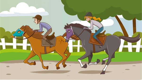Cavaleiros Cavalos Ilustração Vetorial Grupo Jovens Montando Cavalos — Vetor de Stock