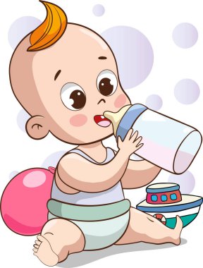 Bebek sütü şişesi tutan mutlu bebeğin vektör çizimi