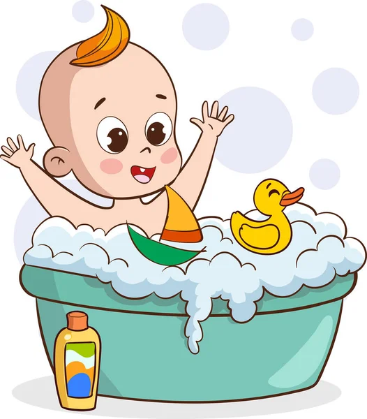 Şirin Mutlu Gülümseyen Bir Bebek Köpükle Banyo Yapıyor Çizgi Film — Stok Vektör