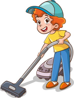 Çocuk süpürge yapıyor, yerleri elektrikli süpürgeyle temizliyor.. 